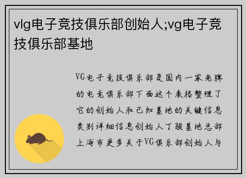 vlg电子竞技俱乐部创始人;vg电子竞技俱乐部基地